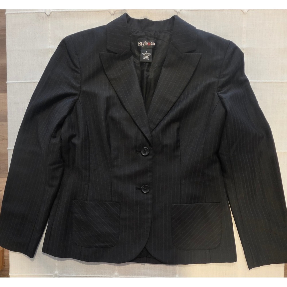 Style & Co Womens Black Pinstripe Two Button Blazer Jacket Size 6